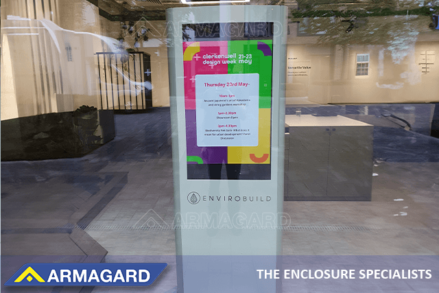 Armagard’s dual-sided digital signage advertising totems used by EnviroBuild for static and digital content