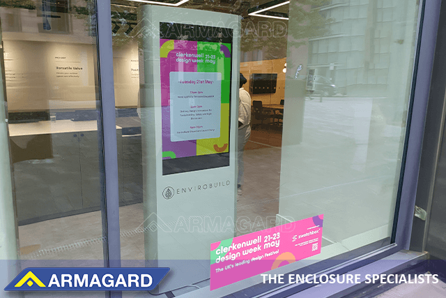 Armagard’s digital signage advertising totem in a window display at EnviroBuild showroom