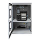 A open floorstanding printer enclosure with Zebra ZT400 series and two closed printout flaps