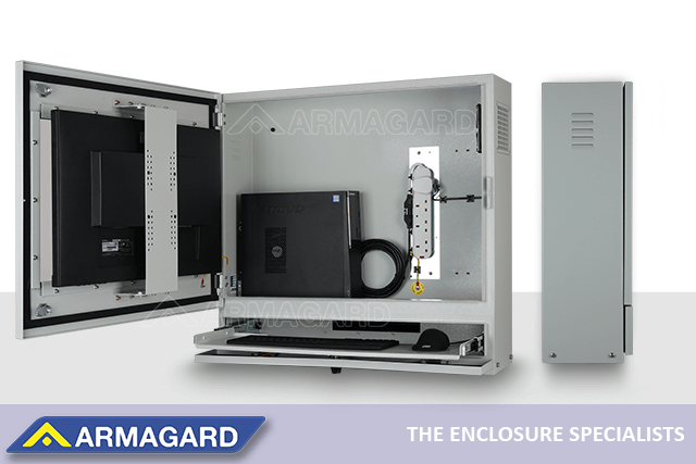 Dustproof computer enclosure with open door, showing installed PC, monitor, and keyboard, plus side view
