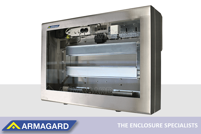 A waterproof LCD enclosure offers TV screen protection in hygienic industries