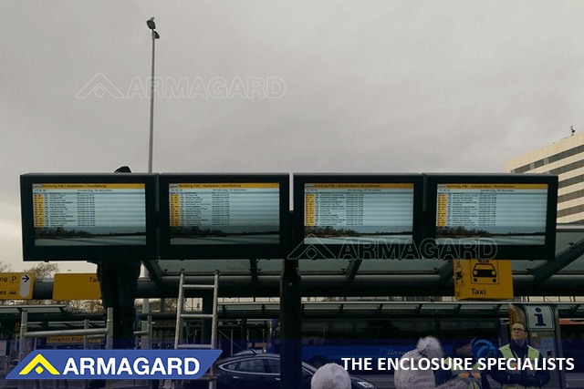 47" landscape outdoor digital signage enclosures located outside an airport terminal